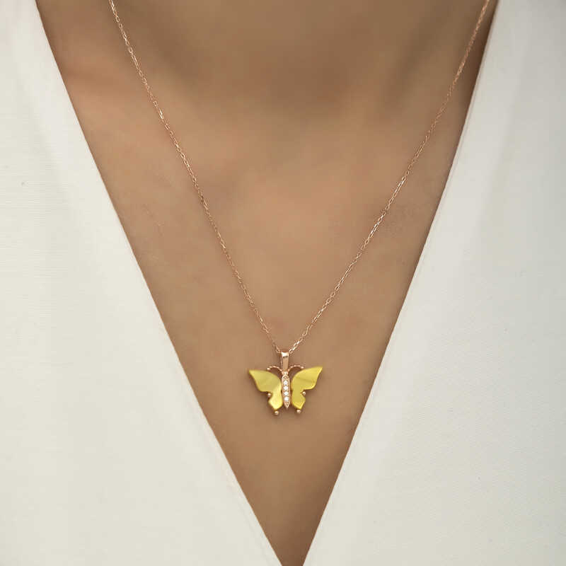 Gümüş Rose Sarı Kaplangözü Taşlı Kelebek Kolye