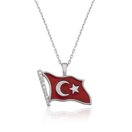 Gümüş Türk Bayrağı Bayan Kolye